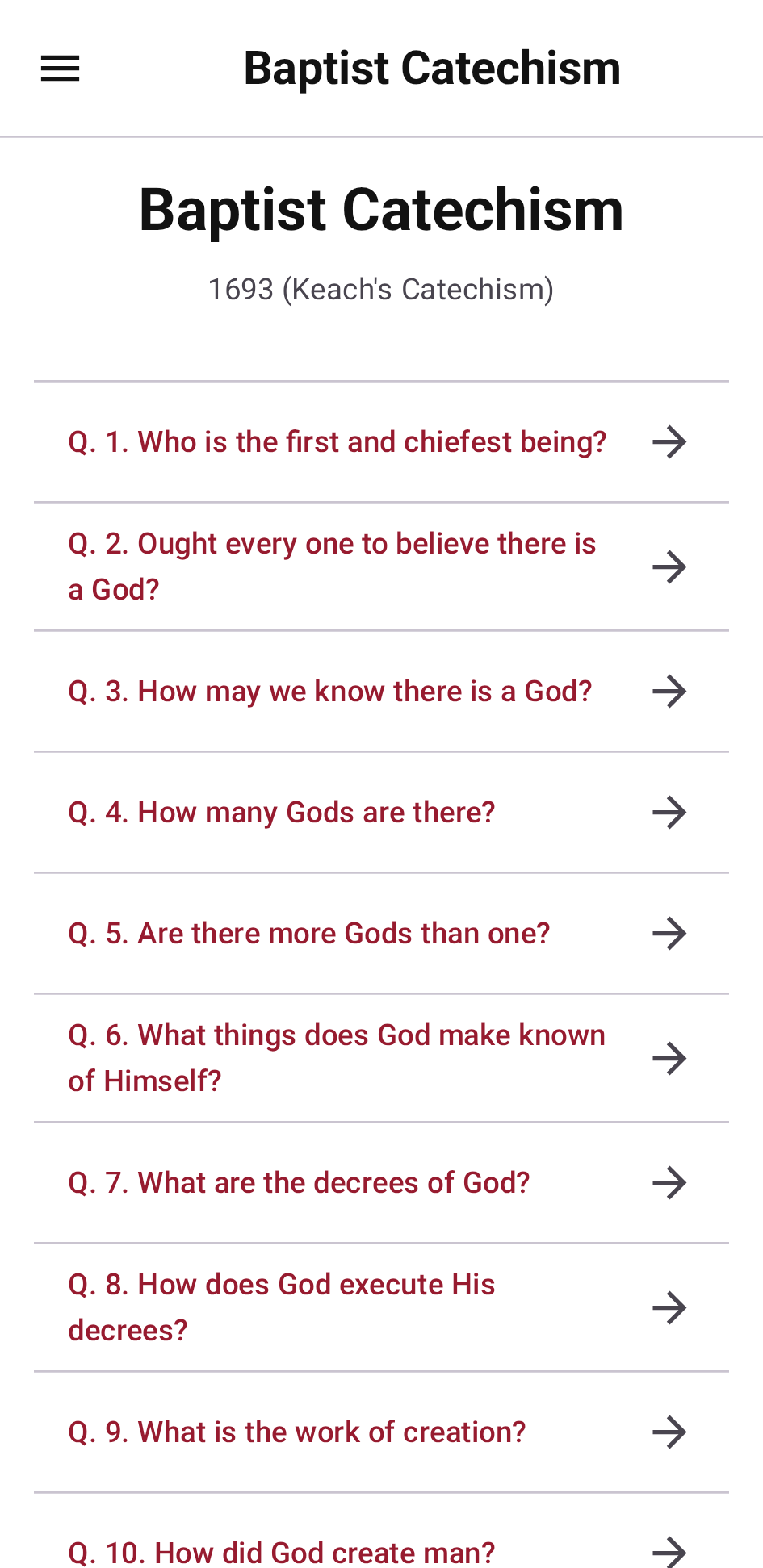 Baptist Catechism (Keach, 1693) table of contents