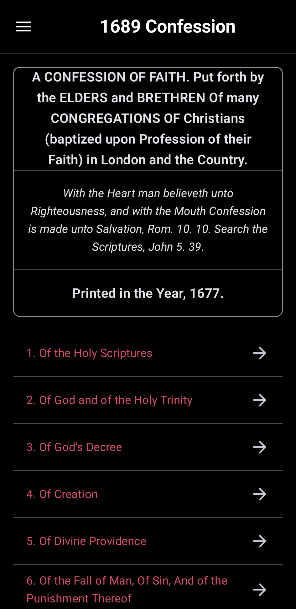 1689 Confession table of contents — dark mode