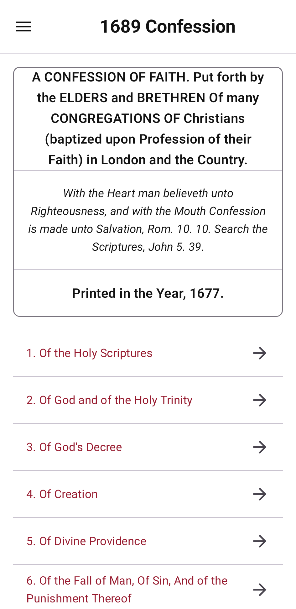 1689 Confession table of contents — light mode