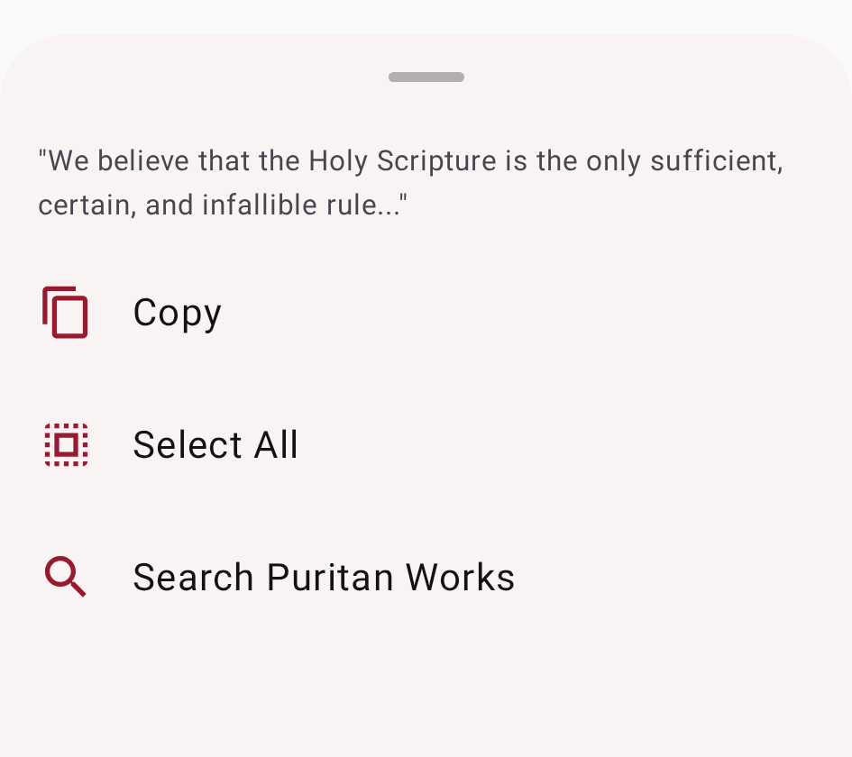 Text selection sheet with Search Puritan Works option
